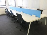 8 Position White Melamine Pod Desk with Power Units & 4 x Light Blue Desk Dividers. Desk Sizes W130 x D78cm.