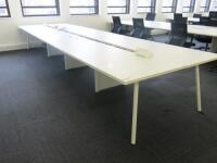 8 Position White Melamime Pod Desk with Power Units. Desk Sizes W130 x D75cm.