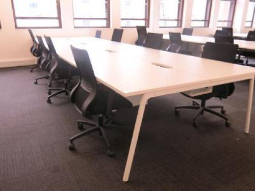 8 Position Pod White Melamime Desk with Power Units. Desk Sizes W130 x D80cm.