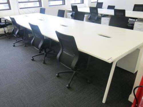 8 Position Pod White Melamime Desk with Power Units. Desk Sizes W130 x D80cm.