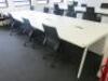 8 Position Pod White Melamime Desk with Power Units. Desk Sizes W130 x D80cm.