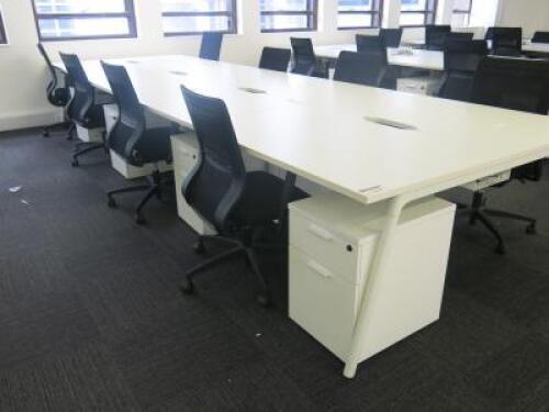 8 Position White Melaime Pod Desk with Power Units. Desk Sizes W130 x D80cm.