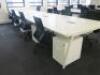 8 Position White Melaime Pod Desk with Power Units. Desk Sizes W130 x D80cm.