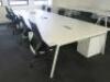 8 Position White Melaime Pod Desk with Power Units. Desk Sizes W130 x D80cm.