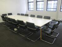 White Melamine Meeting Table on Beech Legs in 2 Sections. Size H73 x W400 x D140cm.