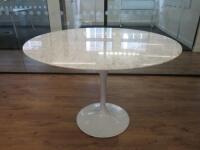 Marble Topped Tulip Style Table on White Metal Base. Size H73 x Dia120cm.