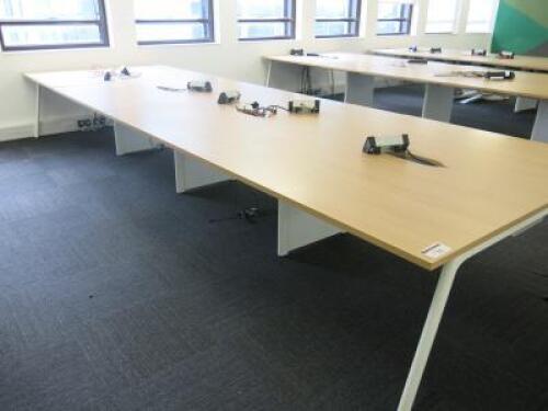 8 Position Beech Top on White Frame Pod Desk with Power Units. Desk Size W130 x D80cm.