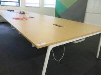 8 Position Beech Top on White Frame Pod Desk with Power Units. Desk Size W130 x D80cm.