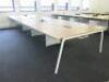 8 Position Beech Top on White Frame Pod Desk with Power Units. Desk Size W130 x D80cm.