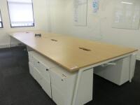 8 Position Beech Top on White Frame Pod Desk with Power Units. Desk Size W130 x D80cm.