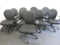 9 x Black Hopsack Multi Adjustable Office Swivel Chairs with Rounded Back. NOTE: 2 missing armrests.