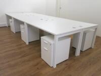 9 x White Melamine Office Desks with 6 x 2 Draw Wooden Pedestals. Desk Size W140 x D80cm, Ped Size H55 x W40 x D52cm