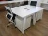 2 x White Melamine Desks with 2 x 2 Draw Metal Pedestals & 2 x Black & White Ergo Office Swivel Chairs.