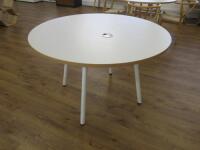 Round White Melamine Meeting Table with Beech Trim on White Metal Base. Size H73 x Dia120cm.