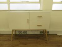 White Wood Console Table with 1 Cabinet & 2 Draws on Beech Wood Base. Size H90 x W116 x D40cm.