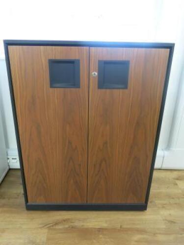 Black Metal 2 Door Cabinet with Walnut Effect Doors. Size H106 x W80 x D45cm. NOTE: cupboard locked, no key.