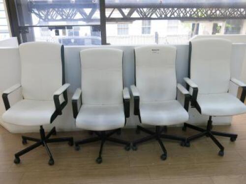 4 x White Faux Leather & Black Material High Back Office Swivel Chairs.