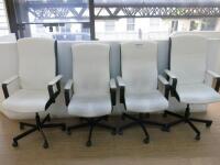 4 x White Faux Leather & Black Material High Back Office Swivel Chairs.