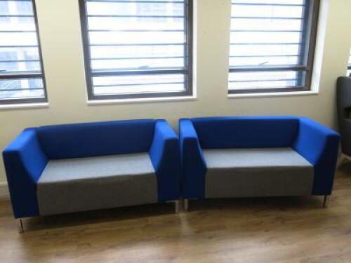 Pair of Triumph Blue & Grey Material 2 Seater Reception Sofas on Chrome Legs. Size H75 x W140 x D70cm.