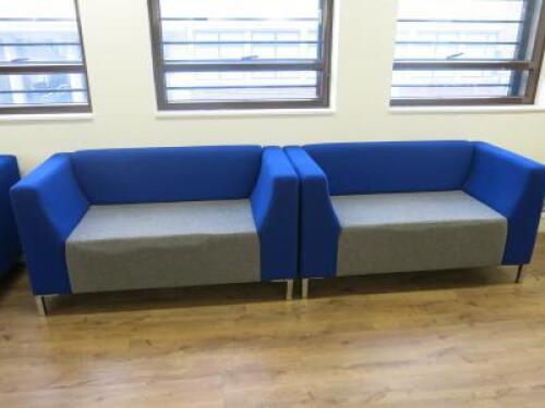 Pair of Triumph Blue & Grey Material 2 Seater Reception Sofas on Chrome Legs. Size H75 x W140 x D70cm.