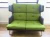 Dark Grey with Green Cushions, 2 Seater High Wing Backed Reception Chair on Light Wood Base. Size H115 x W140 x D90cm. NOTE: leg requires repair.