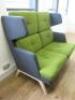 Dark Grey with Green Cushions, 2 Seater High Wing Backed Reception Chair on Light Wood Base. Size H115 x W140 x D90cm. NOTE: leg requires repair. - 2