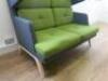 Dark Grey with Green Cushions, 2 Seater High Wing Backed Reception Chair on Light Wood Base. Size H115 x W140 x D90cm. NOTE: leg requires repair. - 3