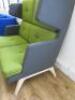 Dark Grey with Green Cushions, 2 Seater High Wing Backed Reception Chair on Light Wood Base. Size H115 x W140 x D90cm. NOTE: leg requires repair. - 4