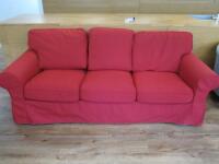 3 Seater Red Material Traditional Style Sofa with Cushion Seating & Back. Size H84 x W220 x D86cm.