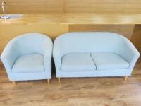 Curved Back Reception Armchair & 2 Seater Sofa in Pale Green Suede Effect Material on Wood Legs.