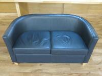 2 Seater Curved Back Black Faux Leather Reception Sofa on Wood Legs. Size H70 x W130 x D65cm.