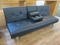Faux Black Leather Folding Day Bed/Sofa with Fold Down Armrest to Centre with Cup Holders & Cushions. Size H75 x W180cm.