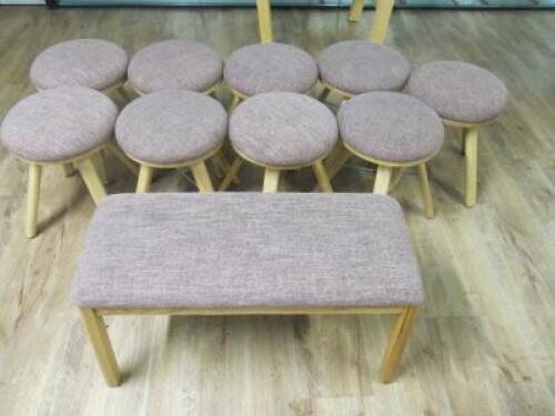 9 x Wooden Stools with Light Brown Padded Seat & 1 x Matching Bench Seat.