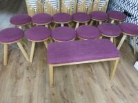 12 x Wooden Stools with Purple Padded Seat & 1 x Matching Bench Seat.