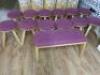 12 x Wooden Stools with Purple Padded Seat & 1 x Matching Bench Seat.