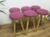 7 x Wooden Stools with Purple Padded Seat & Footrest. Size H78cm. - 2