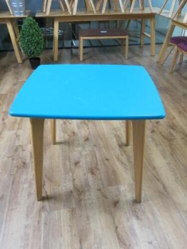 Small Wood Dining Table with Painted Turquoise Top on Wooden Legs & Frame. Size H75 x W80 x D70cm.