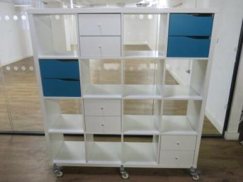 Mobile Multi Open Shelf, Draw & Cupboard Unit. Size H158 x W147 x D39cm.