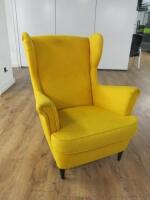 Mustard Yellow Wingback Armchair on Black Painted Legs. NOTE: requires cleaning.