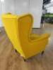 Mustard Yellow Wingback Armchair on Black Painted Legs. NOTE: requires cleaning. - 3