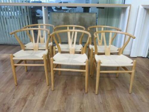 6 x Bentwood & Woven Seat Chairs in Hans Wegner Wishbone Style.