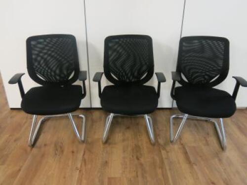 3 x Black Hopsack with Mesh Back Canterlever Meeting/Reception Chairs on Chrome Base.