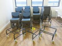 Large Quantity of 148 x Blue & Grey Plastic & Metal Stacking Chairs with 4 x Mobile Trollies.