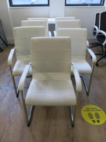 7 x White Faux Leather Canterlever Meeting Chairs on Chrome Frame.