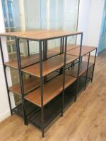 4 x Wood & Black Metal Shelving Units. 2 x 4 Shelf Size H137 x W100 x D36cm & 2 x 3 Shelf Size H95 x W100 x D36cm. Size H125 x W180 x D25cm.