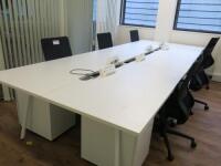 6 Position White Melamine Pod Desk with Power Units. Size W140 x D75cm.