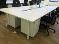 6 Position White Melamine Pod Desk with Power Units. Size W140 x D75cm.