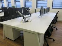 6 Position White Melamine Pod Desk with Power Units. Size W130 x D80cm.