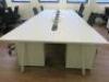 6 Position White Melamine Pod Desk with Power Units. Size W140 x D75cm. - 2