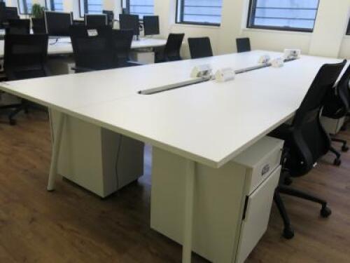 6 Position White Melamine Pod Desk with Power Units. Size W140 x D75cm.